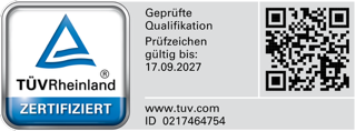 TÜV Rheinland Prüfzeichen mit Logo, QR-Code, Gültigkeitsdatum 17.09.2027, ID 0217464754.