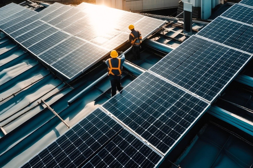 Ingenieure bei der Installation von Photovoltaik-Solarzellen. Generative KI