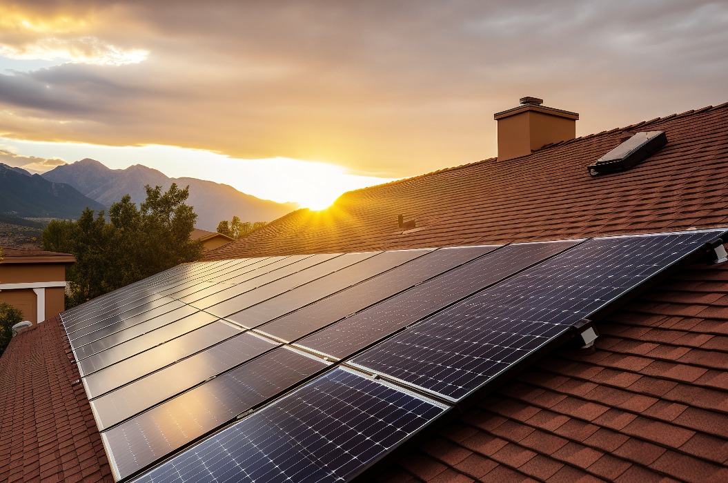 Solardach auf einem Haus. Solaranlage auf dem Dach angebracht zur Ökostrom Gewinnung.