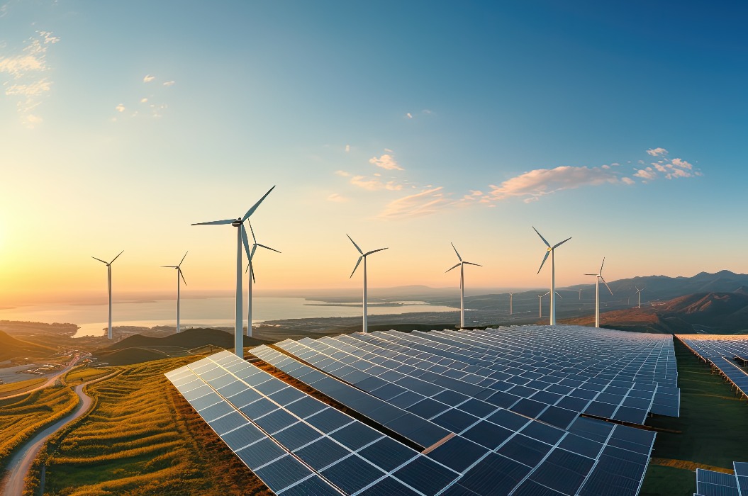 Solarzellen in Solarparks, alternative Energie und nachhaltige Energie, Photovoltaik, reine erneuerbare Energie, saubere Energie, Solarenergie, Reduzierung der globalen Erwärmung, Umwelt, grüne Energie, erzeugt durch .AI